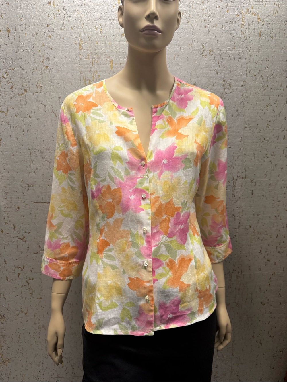 Talbots 100% Linen Floral Button-Front Blouse in Pink, Orange & Yellow